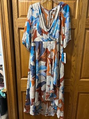 Calvin Klein Blue, Rust & Cream Floral High-Low Wrap Dress
